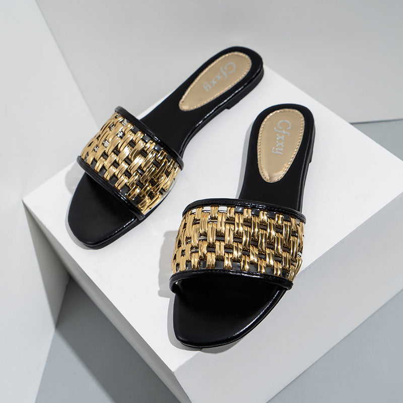 Casual Flat Sandals And Slippers Women's Gold Braided Belt Women's Sandals