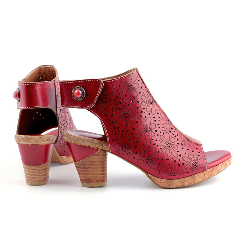 Flower Hollow Retro Breathable Ethnic Style Thick Heel Sandals Women Sandals Summer