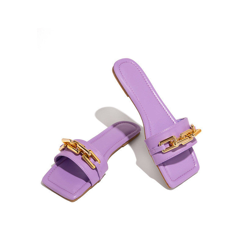 Women's Slippers Square Toe Flat Shoes Chain Sandals