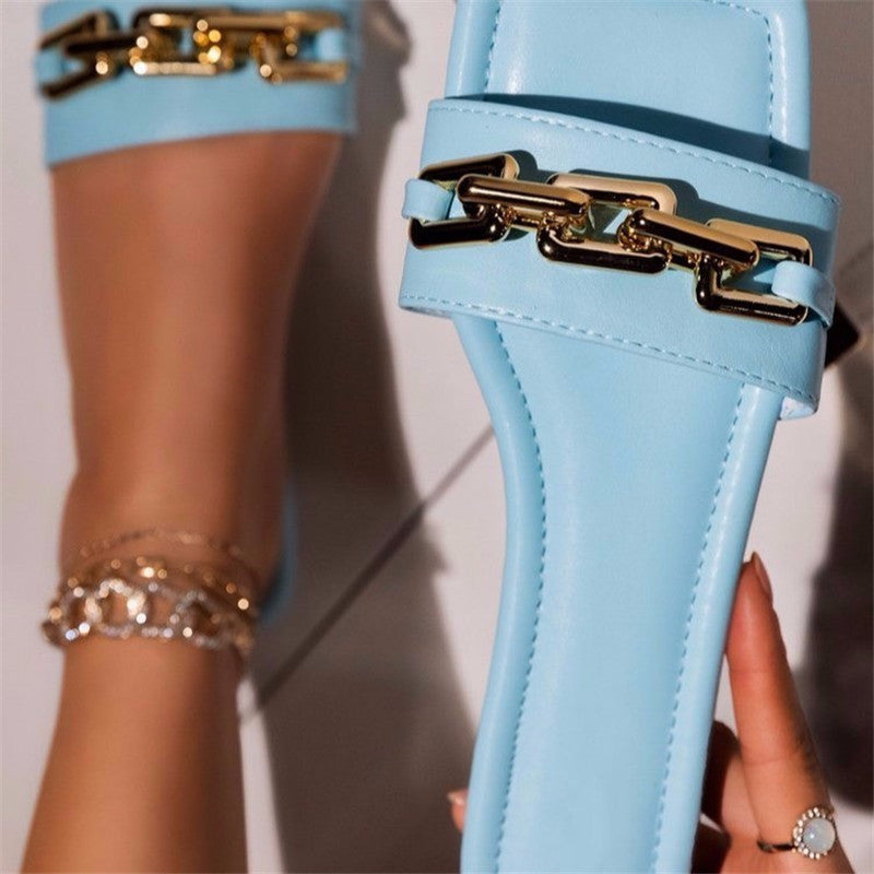 Women's Slippers Square Toe Flat Shoes Chain Sandals