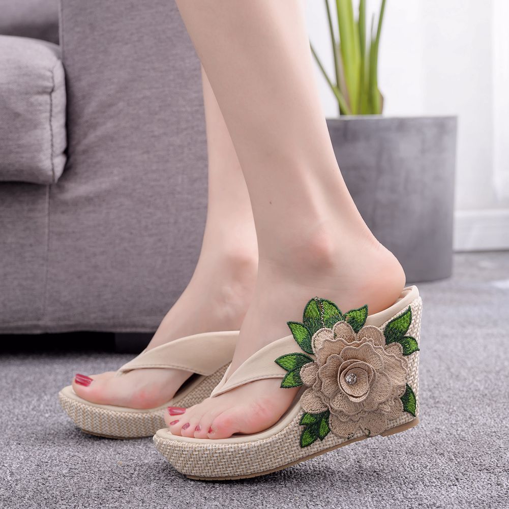 Embroidered Flower Platform Roman Wedge Sandals
