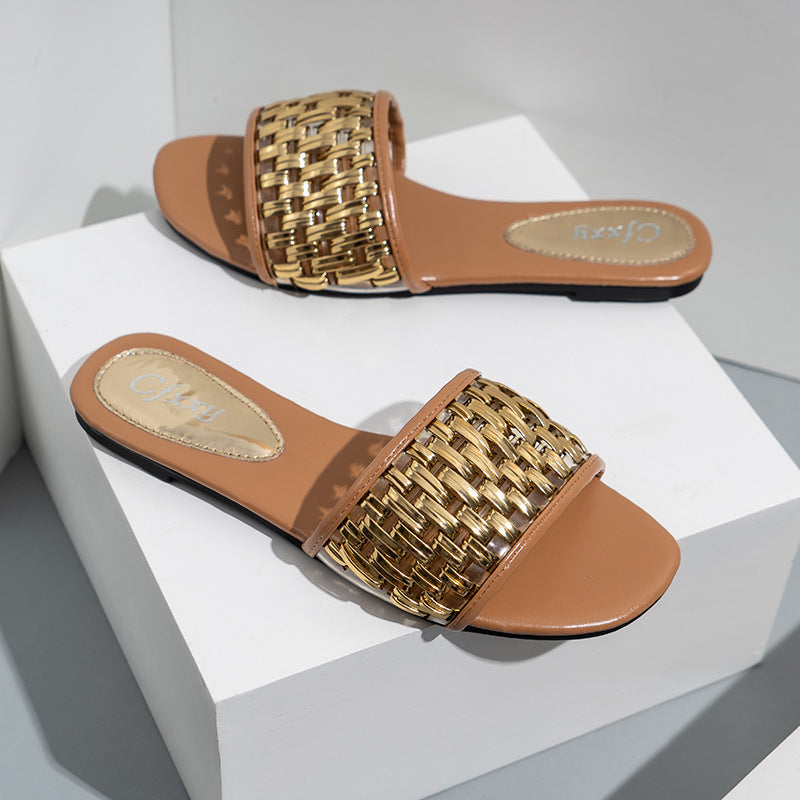 Casual Flat Sandals And Slippers Women's Gold Braided Belt Women's Sandals