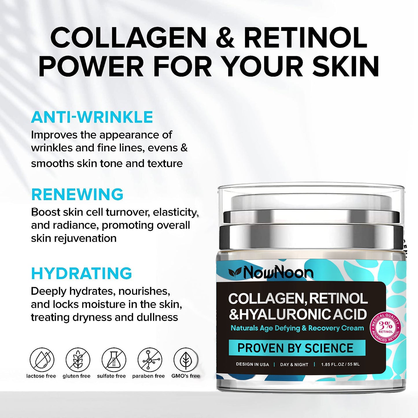 Collagen Retinol Hyaluronic Acid Cream - Anti-Aging Face Moisturizer for Face, Neck & Décolleté