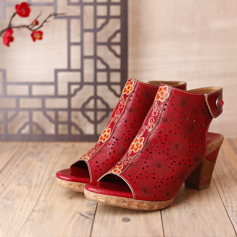 Flower Hollow Retro Breathable Ethnic Style Thick Heel Sandals Women Sandals Summer