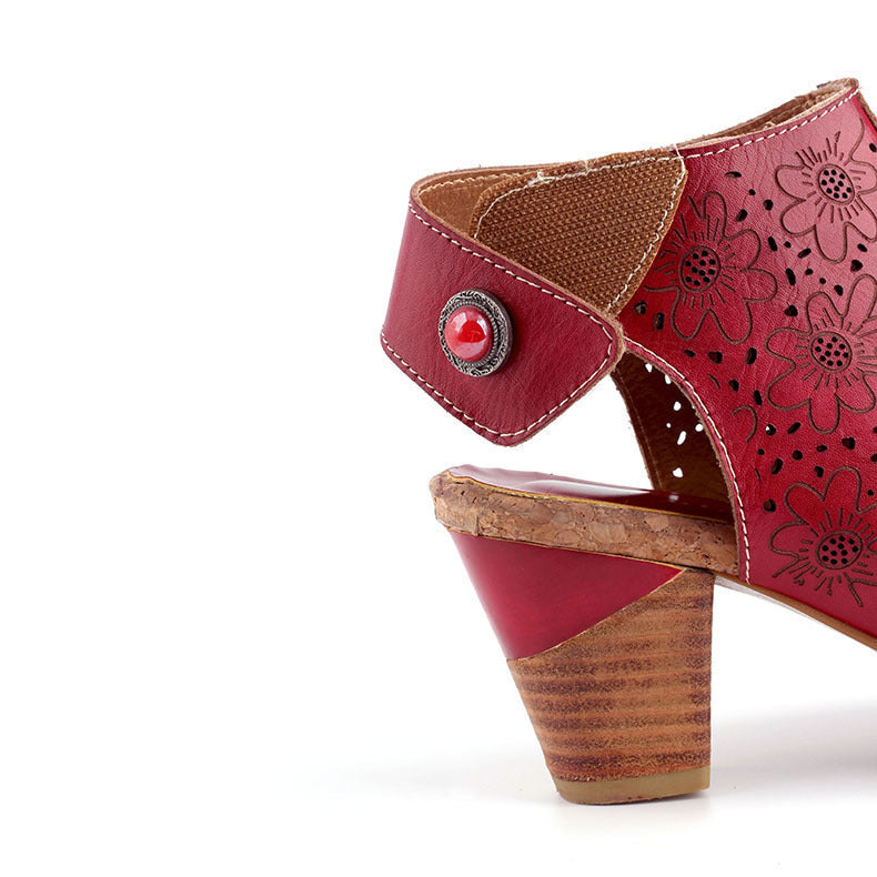 Flower Hollow Retro Breathable Ethnic Style Thick Heel Sandals Women Sandals Summer