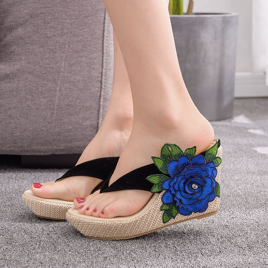 Embroidered Flower Platform Roman Wedge Sandals