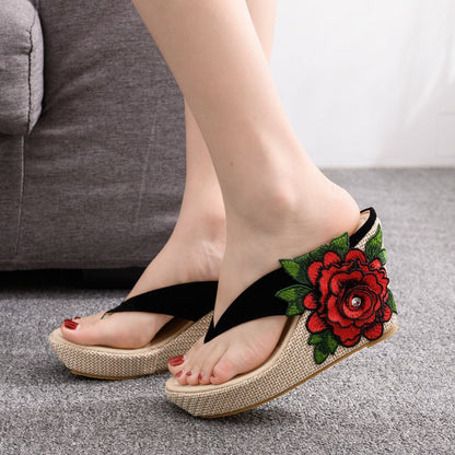 Embroidered Flower Platform Roman Wedge Sandals