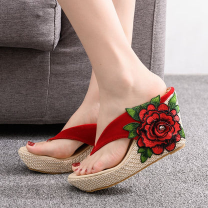 Embroidered Flower Platform Roman Wedge Sandals