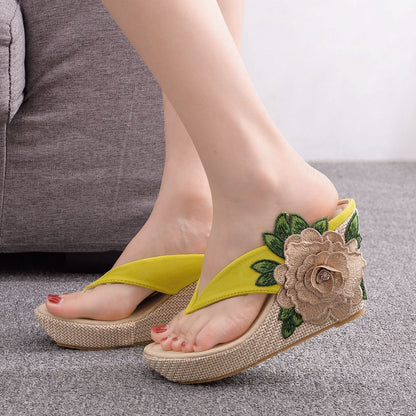 Embroidered Flower Platform Roman Wedge Sandals