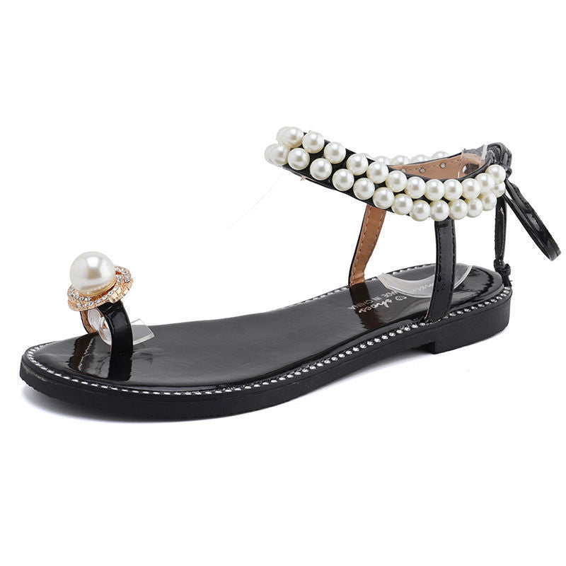Net Red Female Student Korean New Pearl Flip-Flop Flat Sandals Female Summer Fairy Style Strap Black Flat Sandals