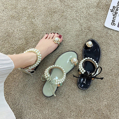 Net Red Female Student Korean New Pearl Flip-Flop Flat Sandals Female Summer Fairy Style Strap Black Flat Sandals