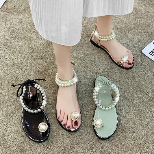 Net Red Female Student Korean New Pearl Flip-Flop Flat Sandals Female Summer Fairy Style Strap Black Flat Sandals