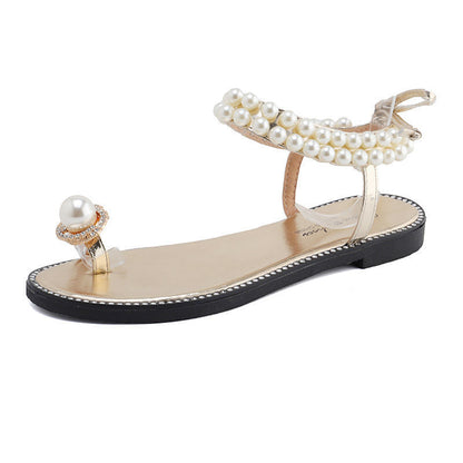 Net Red Female Student Korean New Pearl Flip-Flop Flat Sandals Female Summer Fairy Style Strap Black Flat Sandals