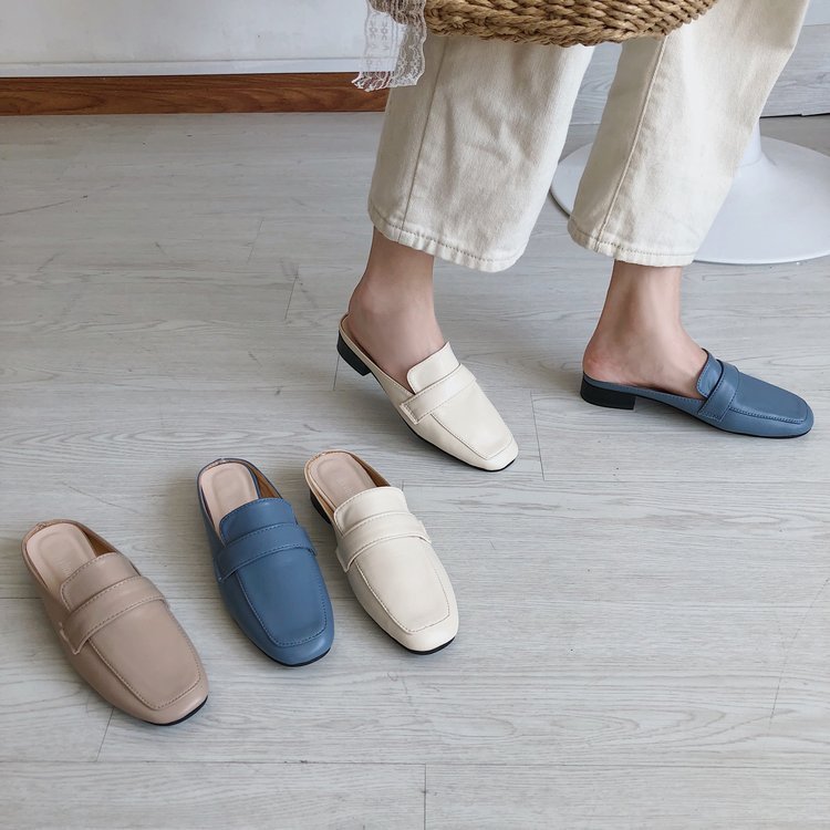 Womens Flats Shoes Mules Slippers Cover Toe Loafers Pu