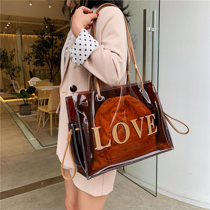 Tan Transparent One Shoulder Shopping Bag Beach Leisure Bag