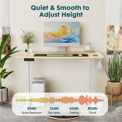 Electric Adjustable Height Standing Desk Sit To Stand Up Desk With Splice Board, Rising Home Office Computer Table With 2 Hook And Wire Hole For Work