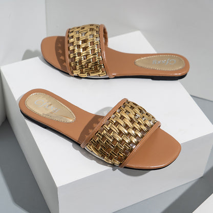 Casual Flat Sandals And Slippers Women's Gold Braided Belt Women's Sandals